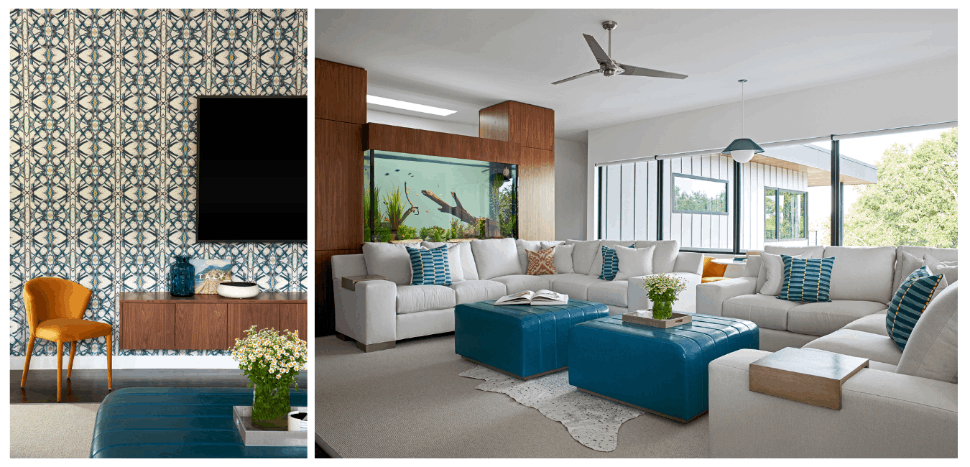 An Aquatic Color Palette Compliments the Family Room Fish Tank