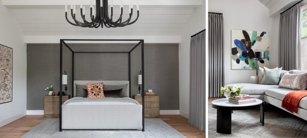 The grand master suite of a modern home in Houston, designed by Laura U