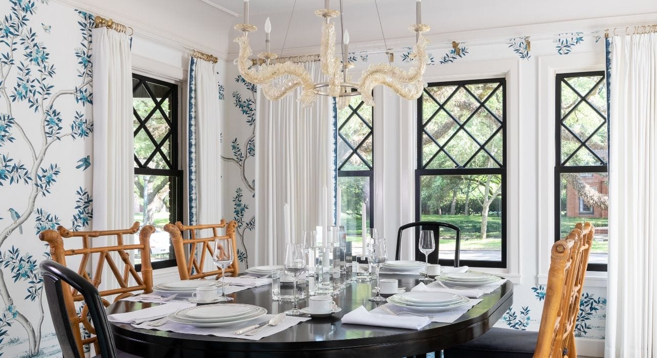 Formal dining room with chinoiserie motif and hand-painted wallpaper