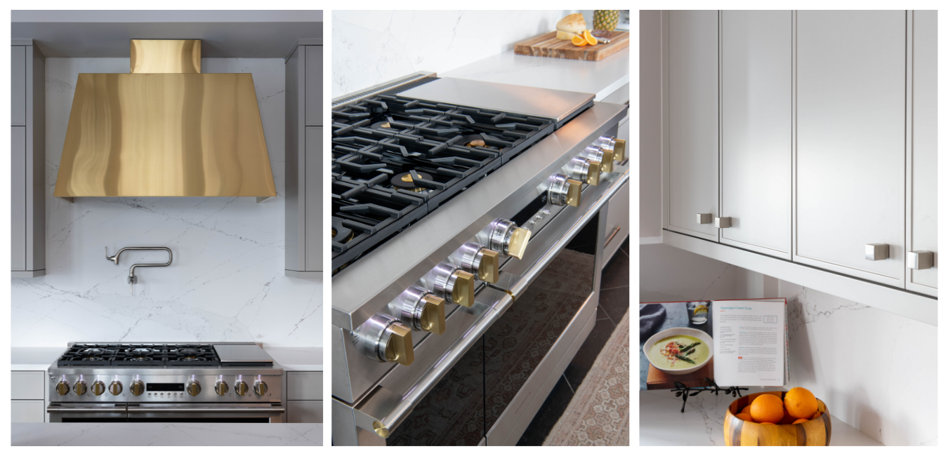 We added built-in shelves and created an inset niche for the range, cabinets and hood.