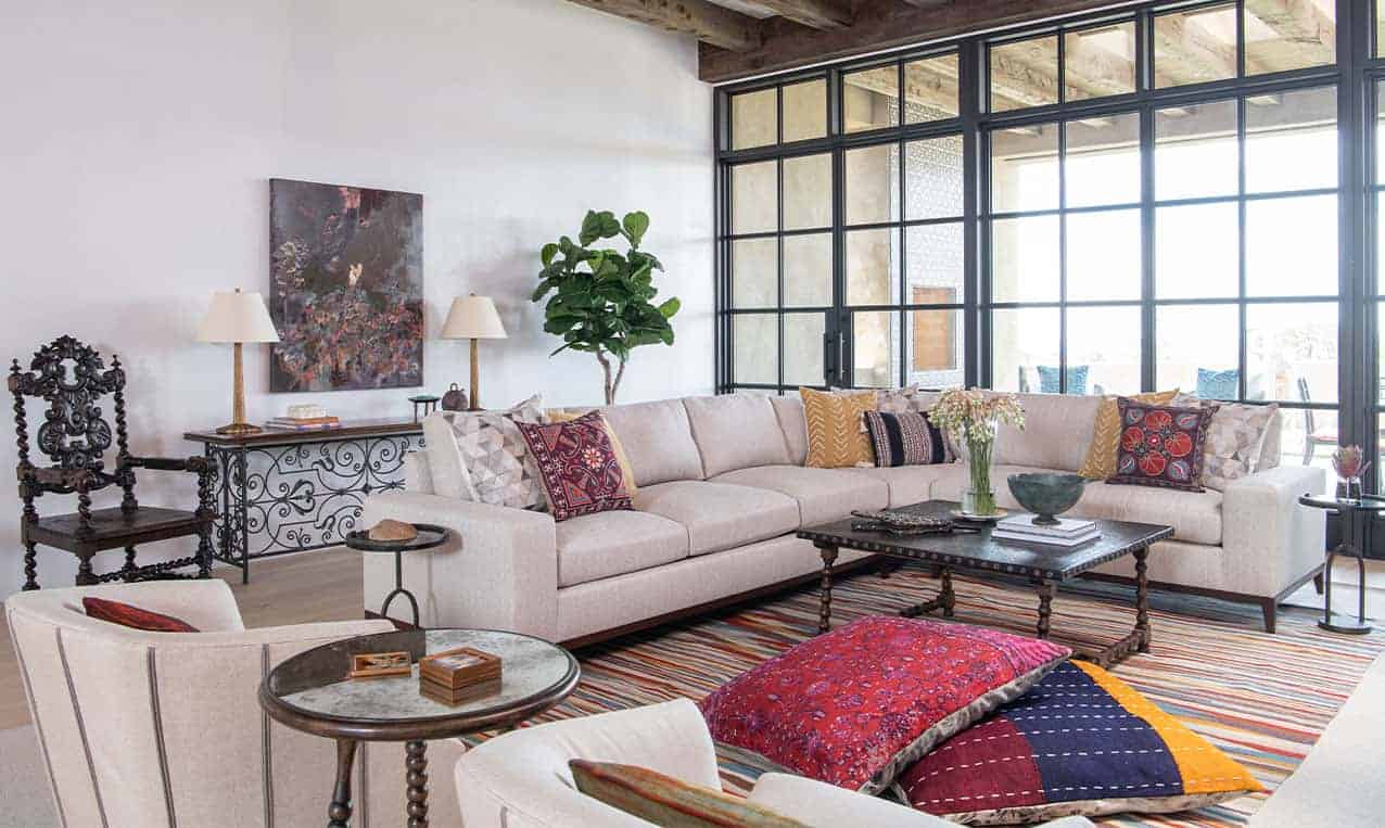 Colorful living room in a new construction home in Santa Fe, designed by Laura U