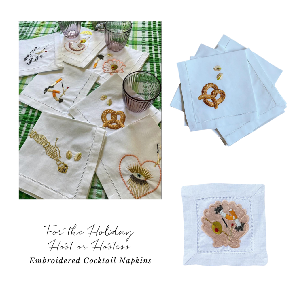 Embroidered Cocktail Napkins are the perfect holiday gift for friends who love to host.