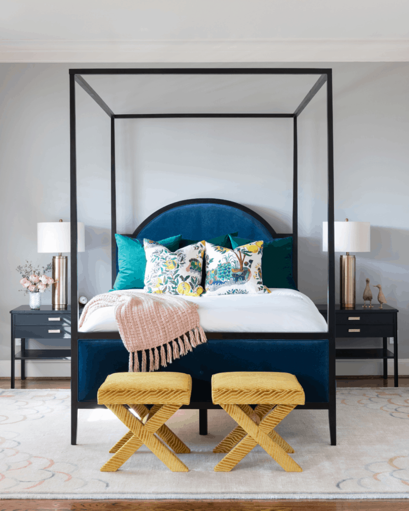 Modern bedroom design by Laura U featuring sapphire, teal and citrine colors