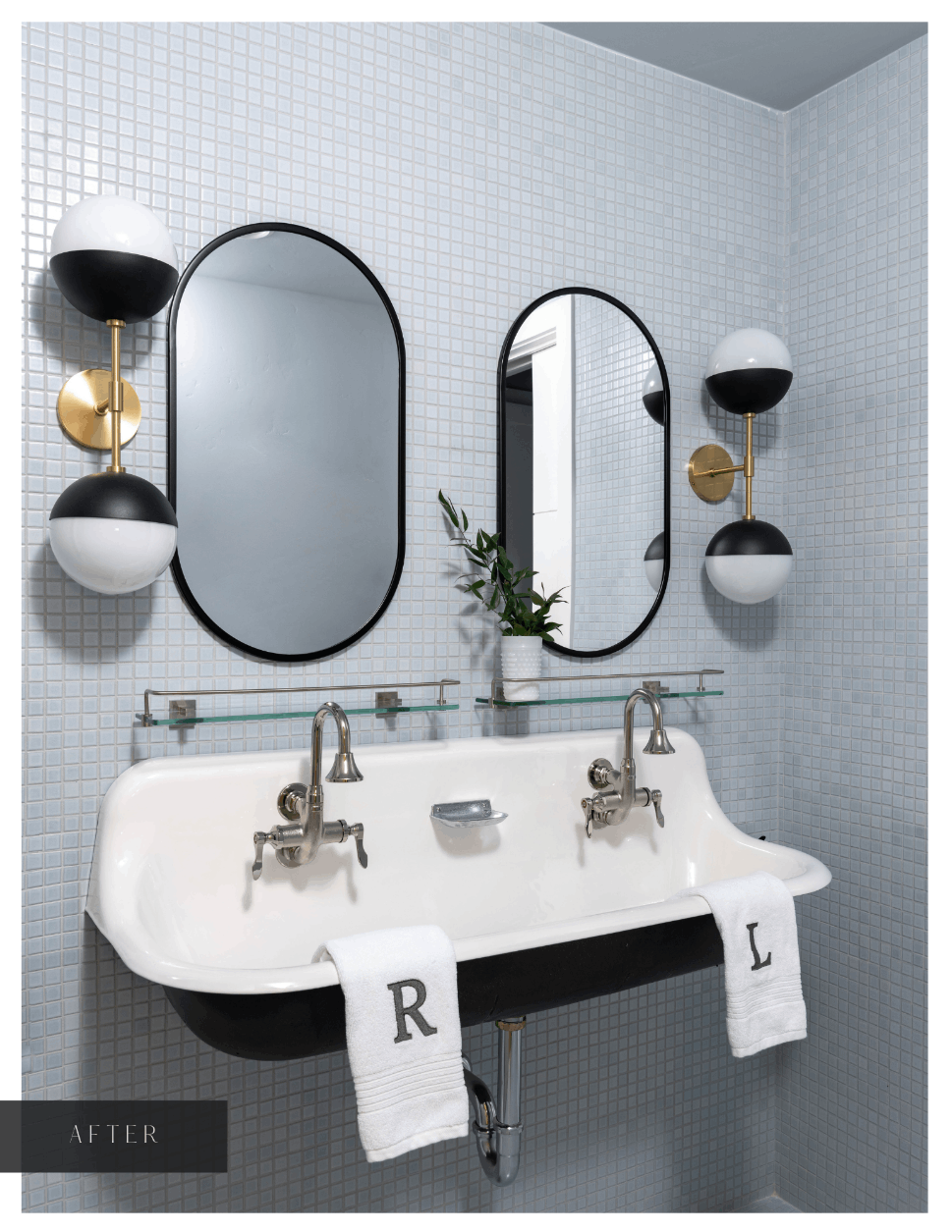 Industrial Elements and Floor-to-Ceiling Tile Keep the Girls' Bathroom Chic and Clean