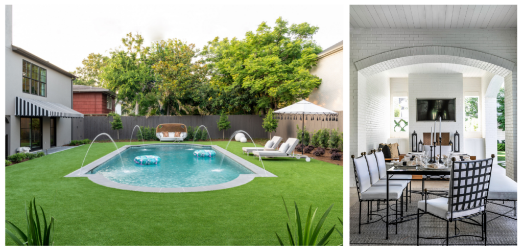 Pictured above are the backyard spaces from the Laura U Design Collective's BLVD Show House (left) and Garnett Project (right).