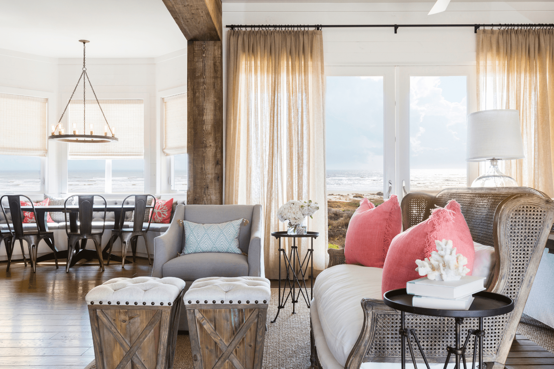 The Sandhill Shores living area with hints of peach and splashes of light blue creating a vibrant beach feel.