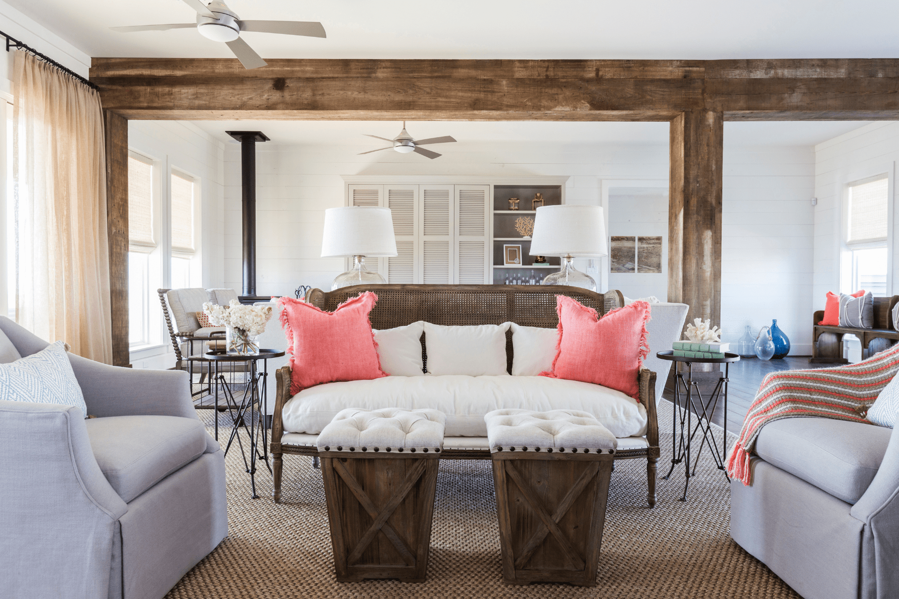 The large open concept living area at Sandhill Shores framed by our selection of wooden beams.