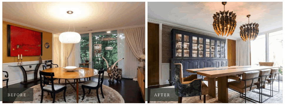 The dining room of Laura's Dryden property before and after working with Newberry Architecture.