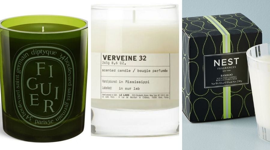 A selection of candles from Diptyque, Le Labo, and Nest