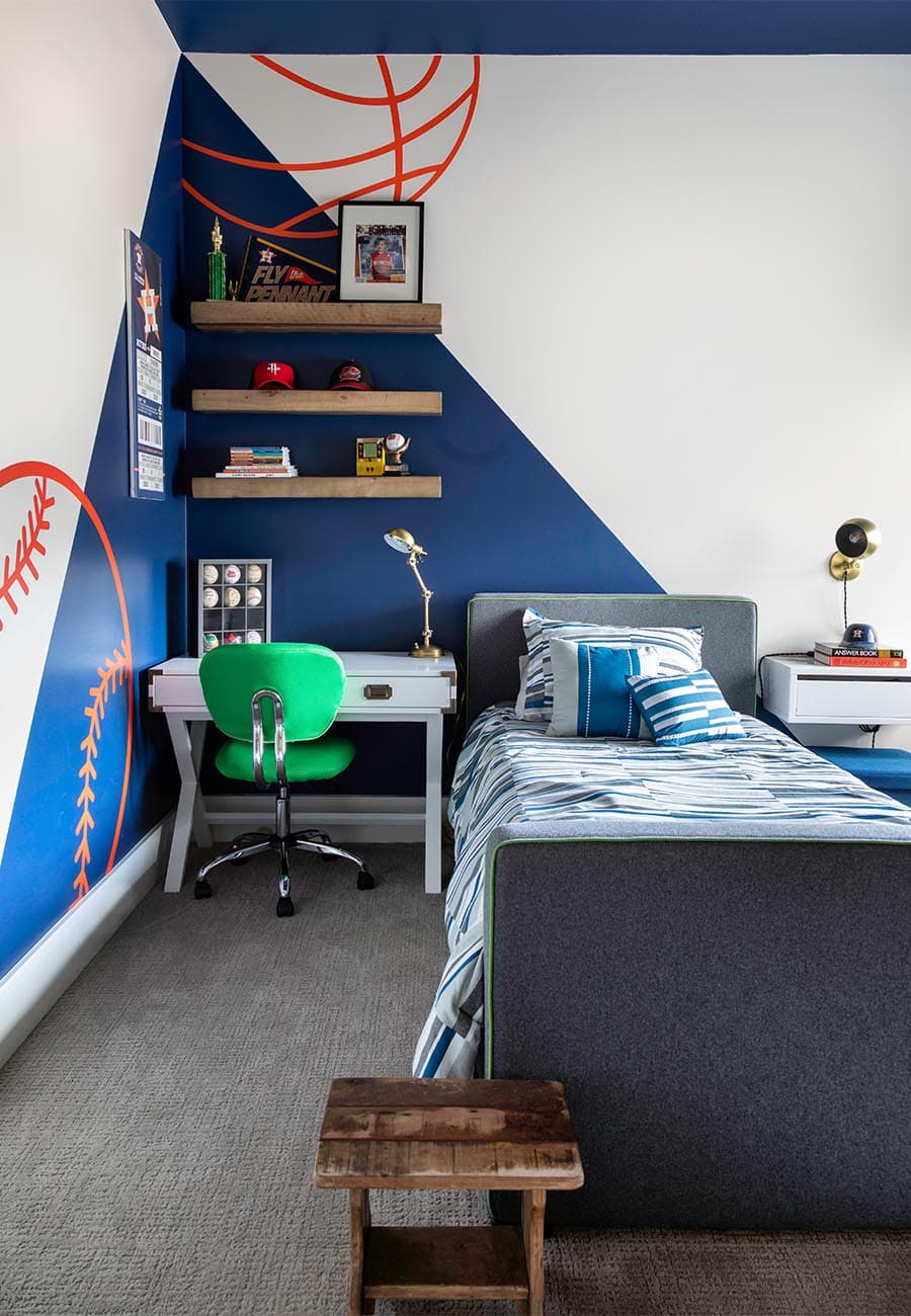 A blue and which baseball themed kid's room