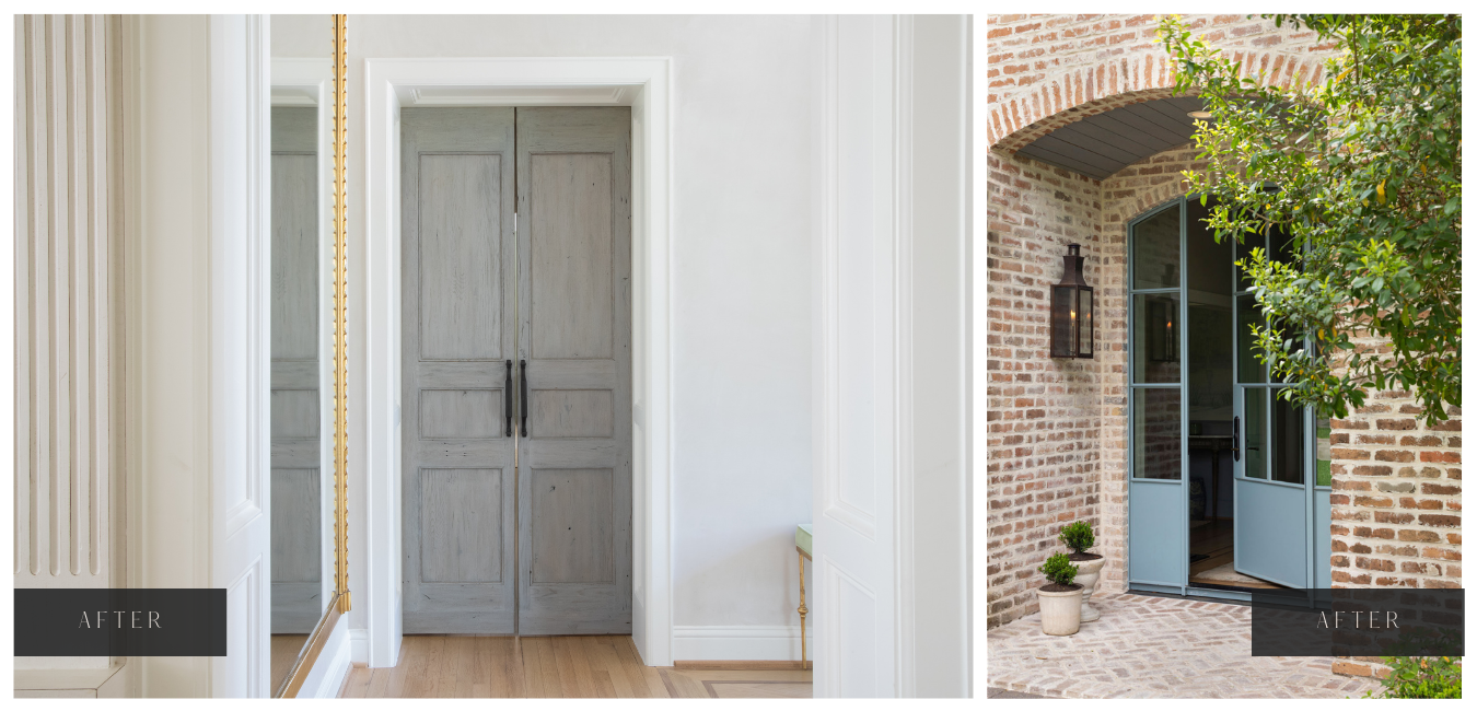 The vintage doors to create a private entry to the owner’s suite (L) and new front door (R).