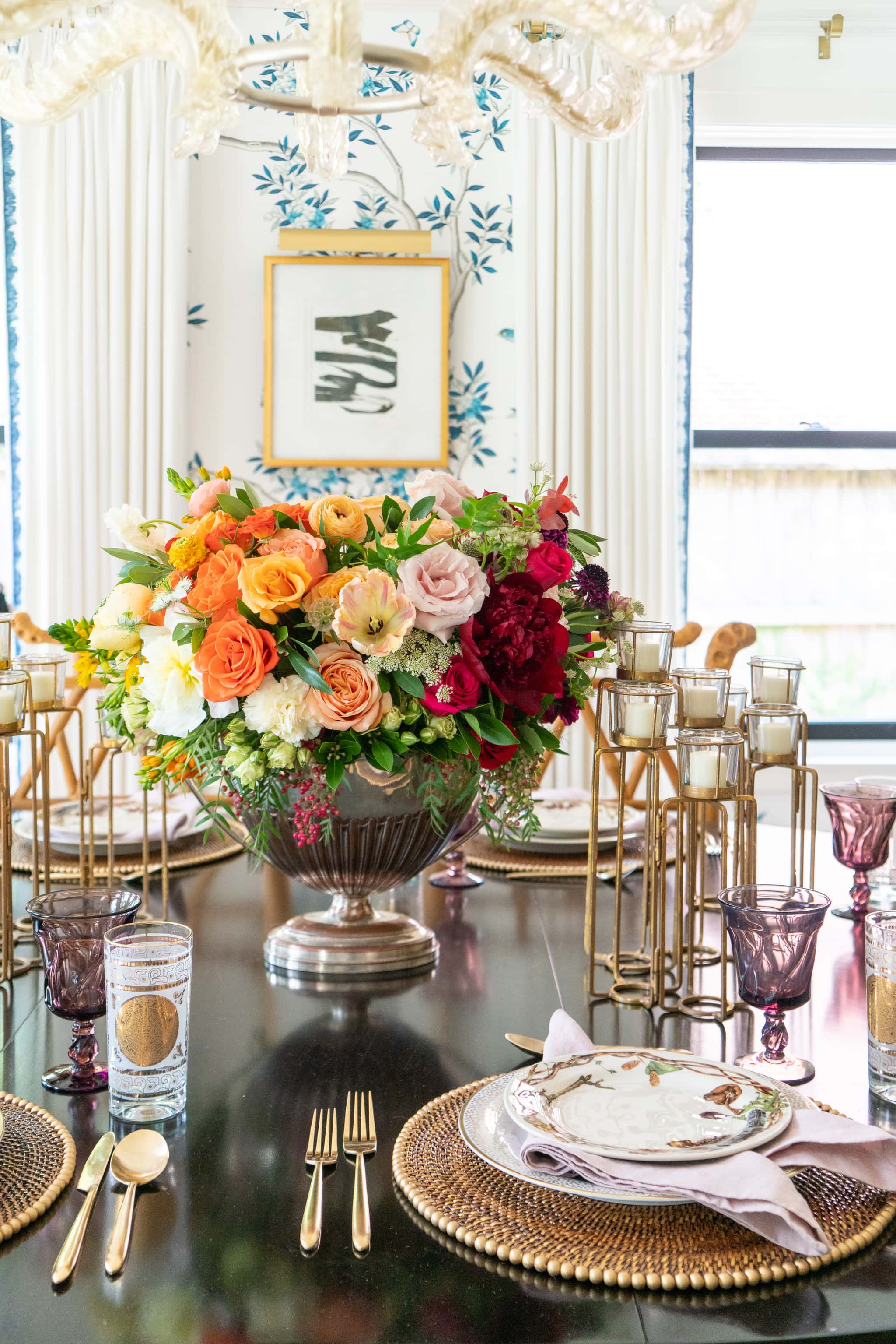 A lovely bouquet of roses, peonies, and greenery at the home of Laura Umansky