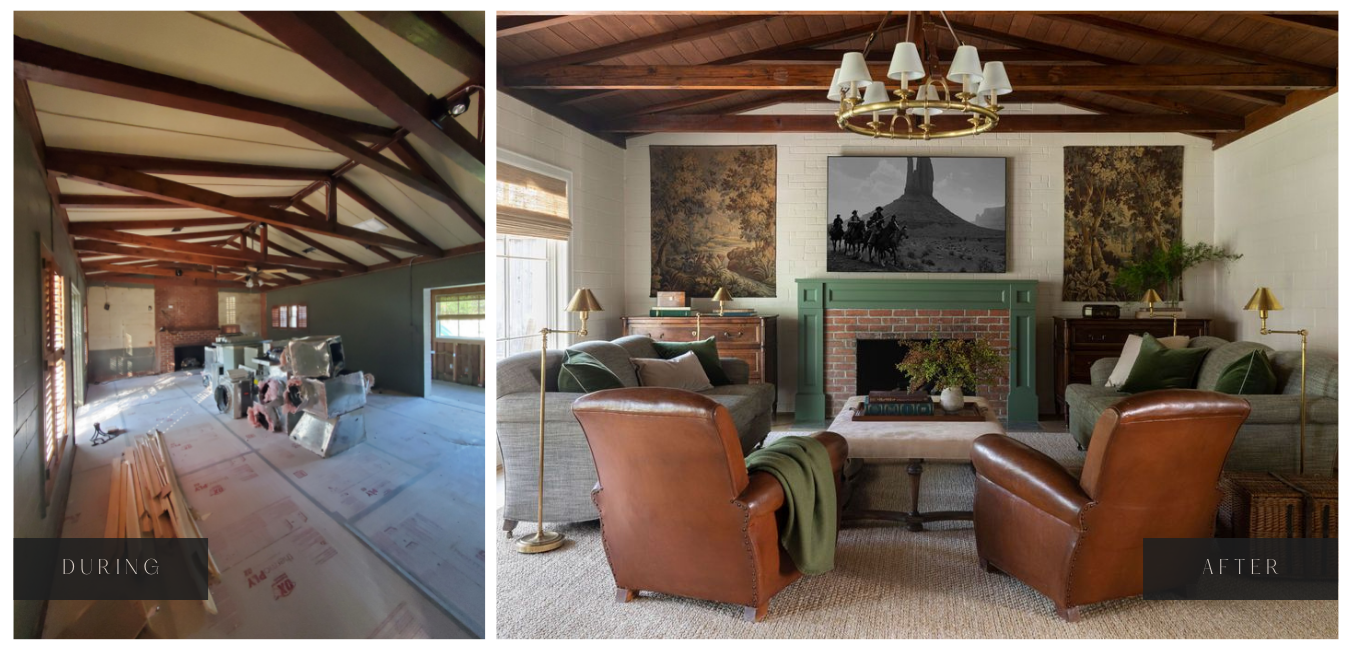 Hedwig Village home hunting lodge interior. Before (left) and After (right).