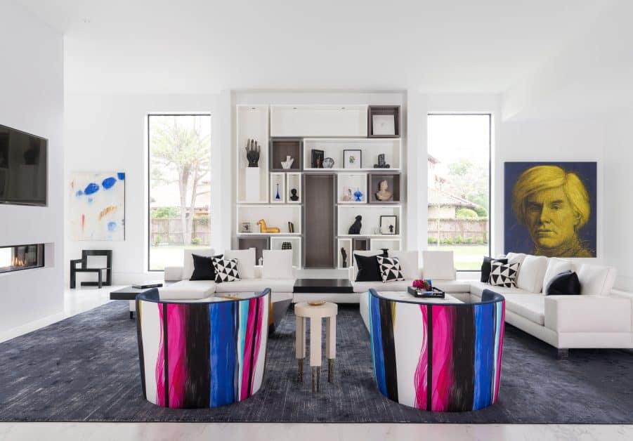 Contemporary interior design in Houston, Andy Warhol art and colorful chairs