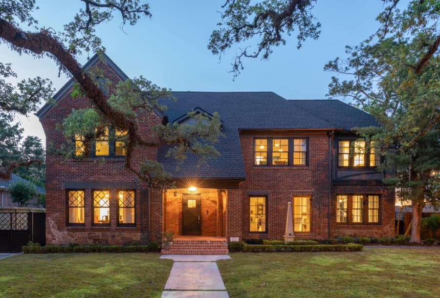 Brick exterior of a home in Houston's Boulevard Oaks, owned by Laura Umansky