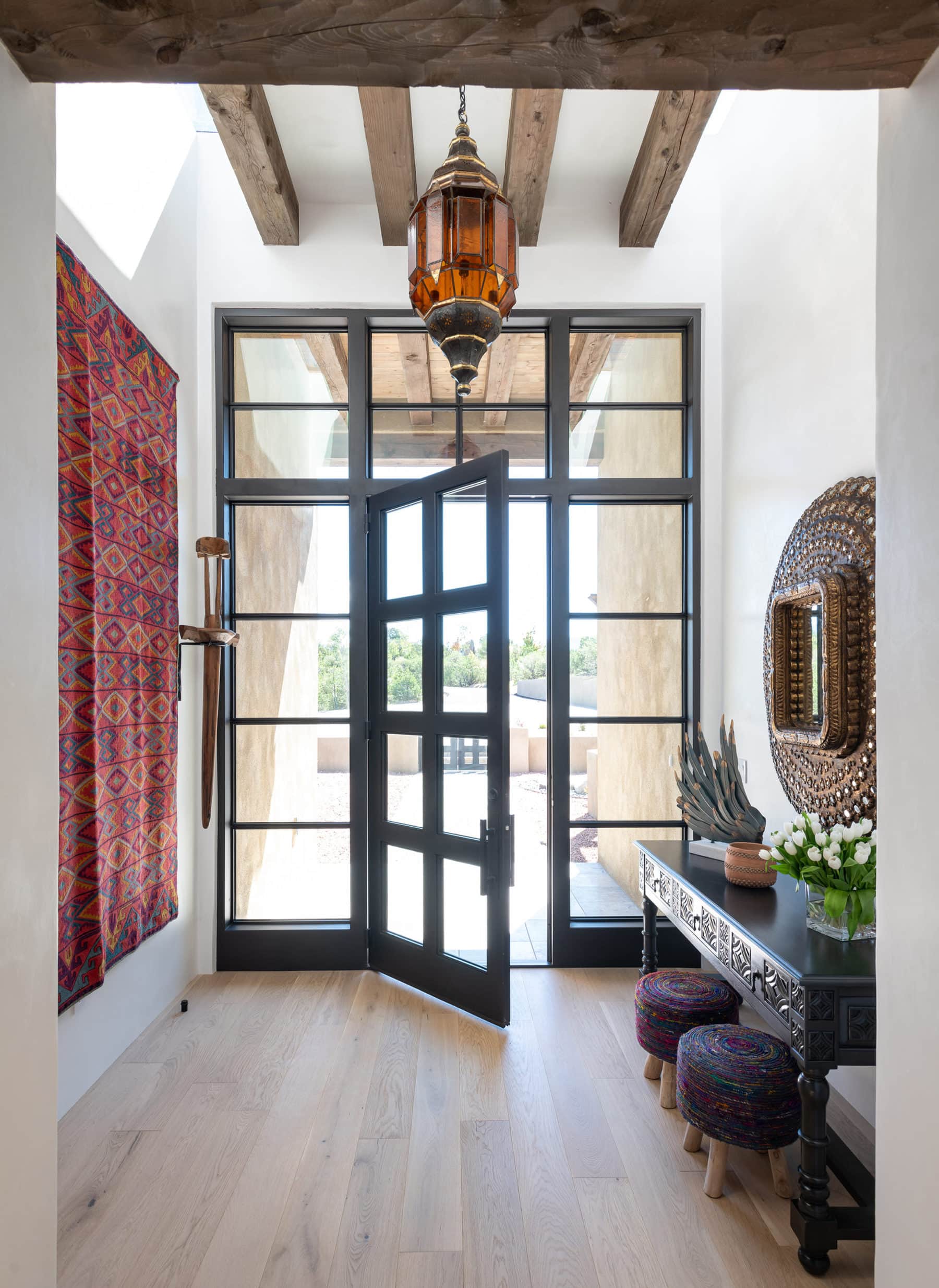 A view from front door of a southwestern inspired home in Santa Fe.