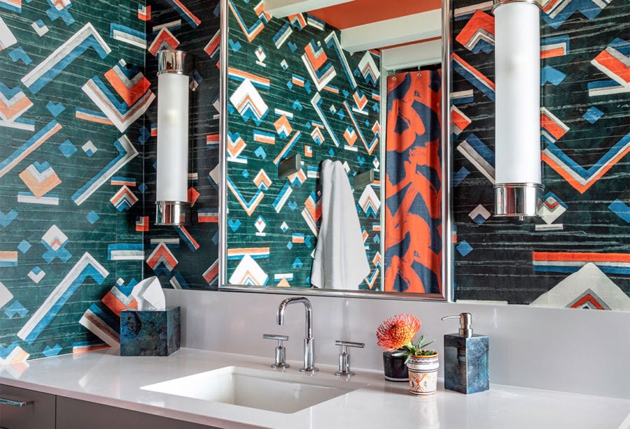 Electrifying color palette in the guest bathroom at the River Oaks, designed by Laura U
