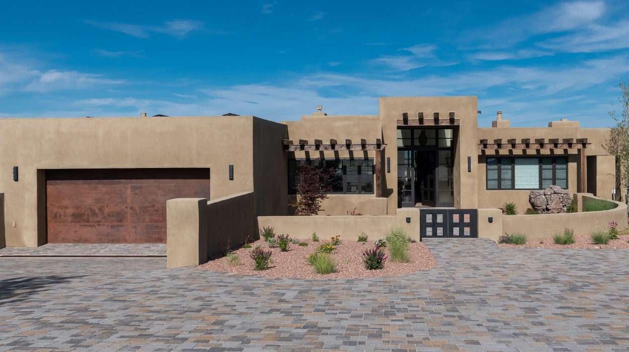 The exterior of a home in Santa Fe, built by True North with interiors by Laura U