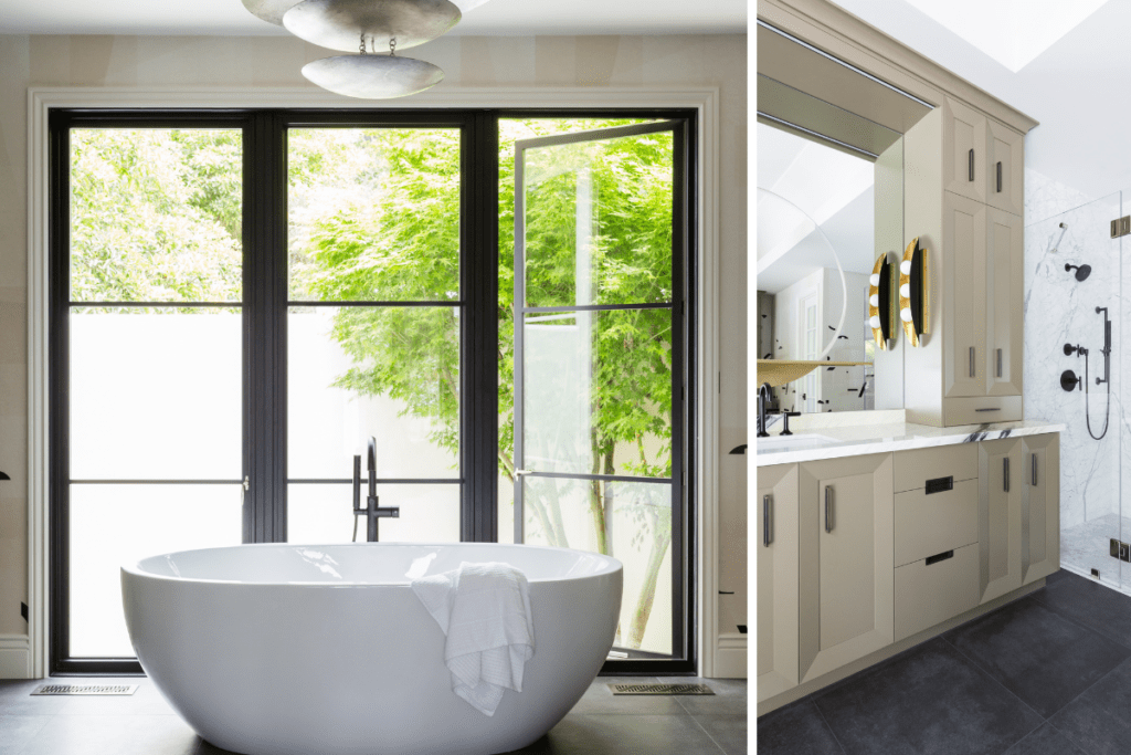 A bright soaking tub in front of a black framed window 