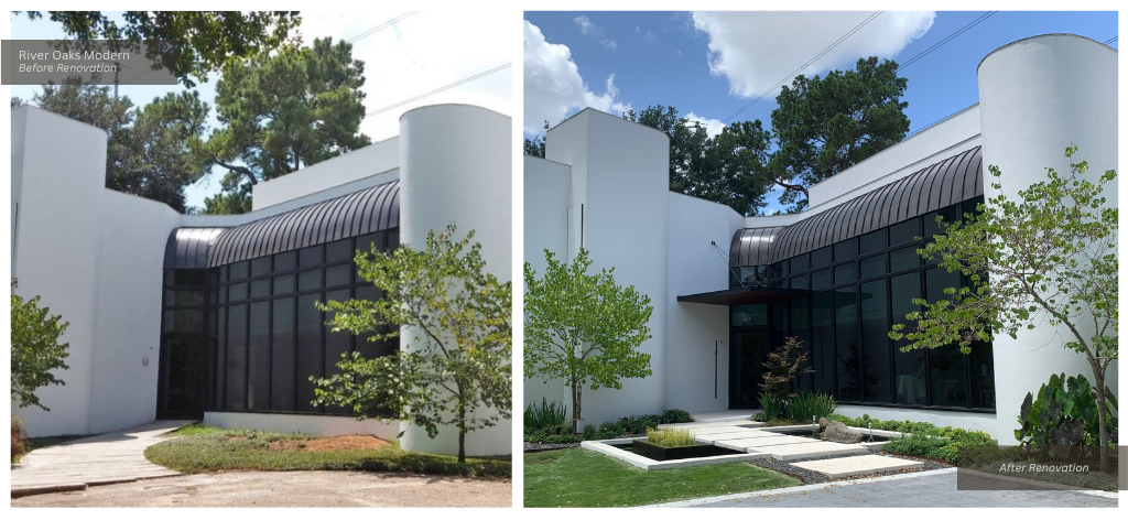 Our Bauhaus-inspired River Oaks Modern project exterior before and after landscaping and awning addition.