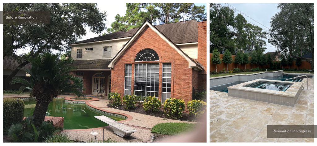 The exterior of a brick-facade home with a pool in various stages of renovation.