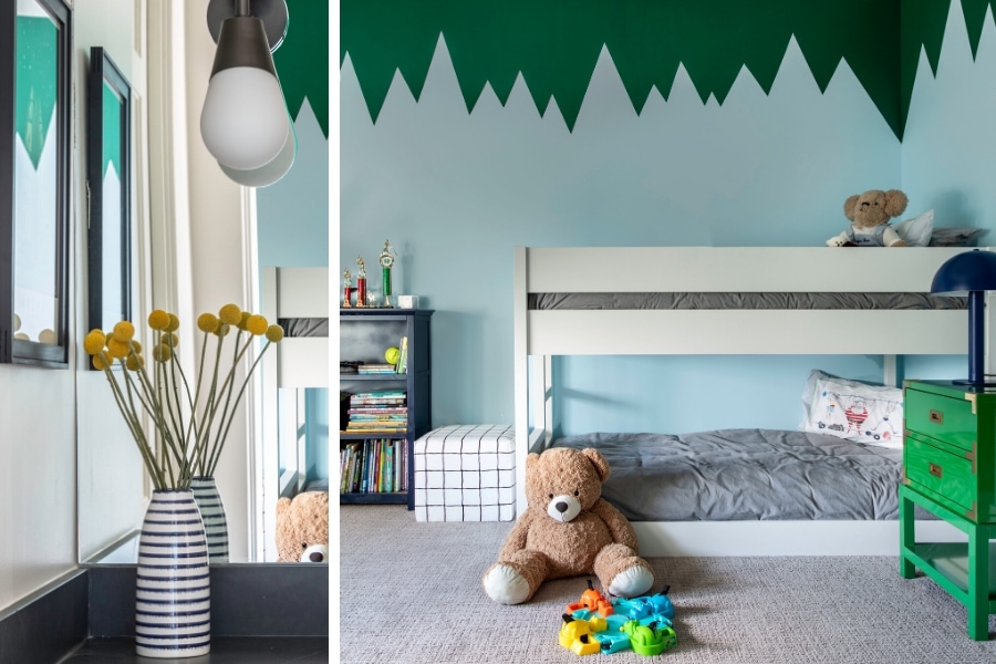 Blue and green kids bedroom with custom wall design