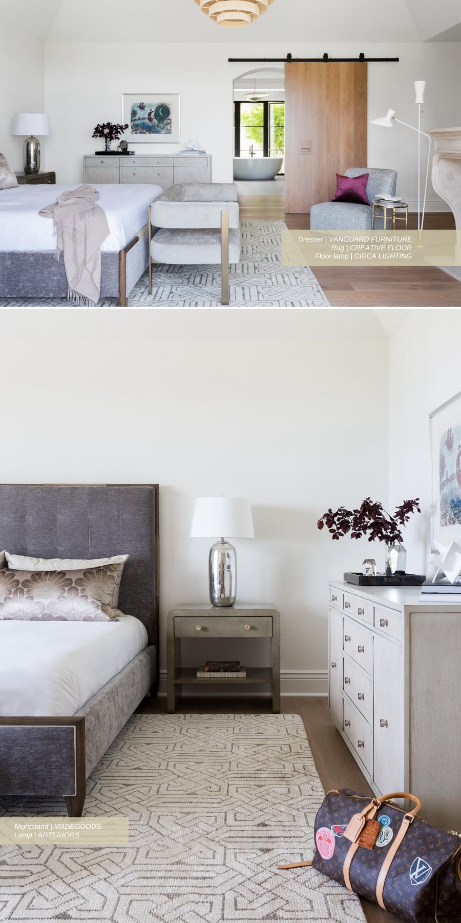A master bedroom with lovely subdued neutrals and hand-knotted rug