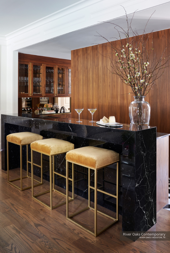 black, gold and walnut add a rich elegance to this home bar design