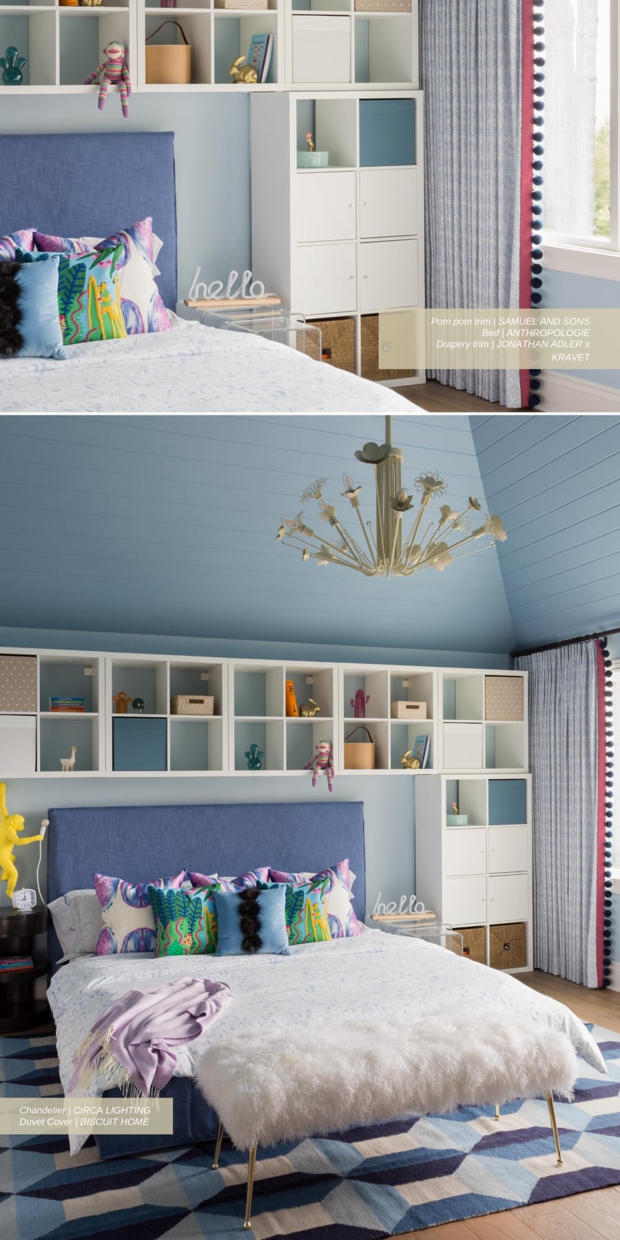 A powder blue bedroom with Anthropologie bed in Pebble Beach