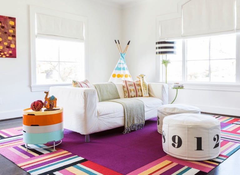 Chic kids playrooms are bright, colorful, and often have tents like this one.