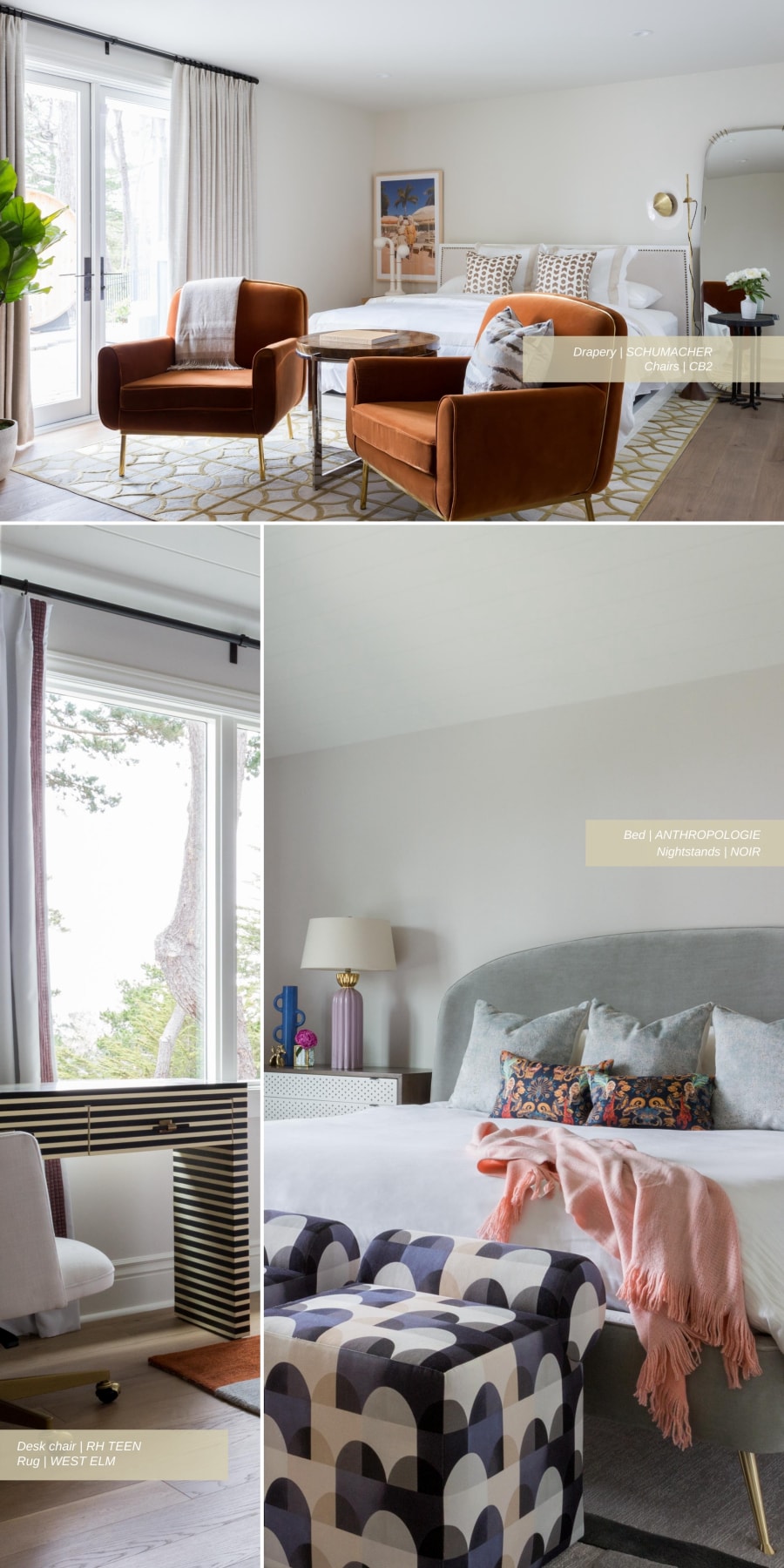 Ochre chairs in a guest room in a Pebble Beach home, designed by Laura U