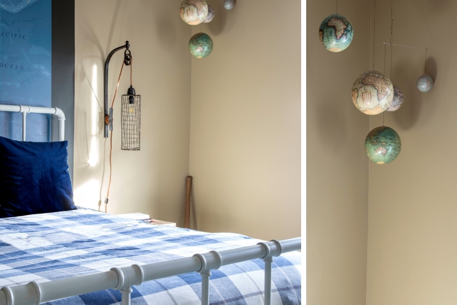 Globe mobile hanging in blue and white boys bedroom