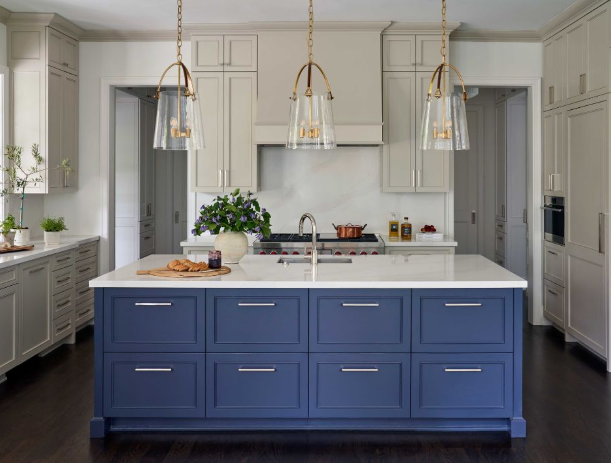 metallic accents in the blue and white kitchen at Colonial Drive