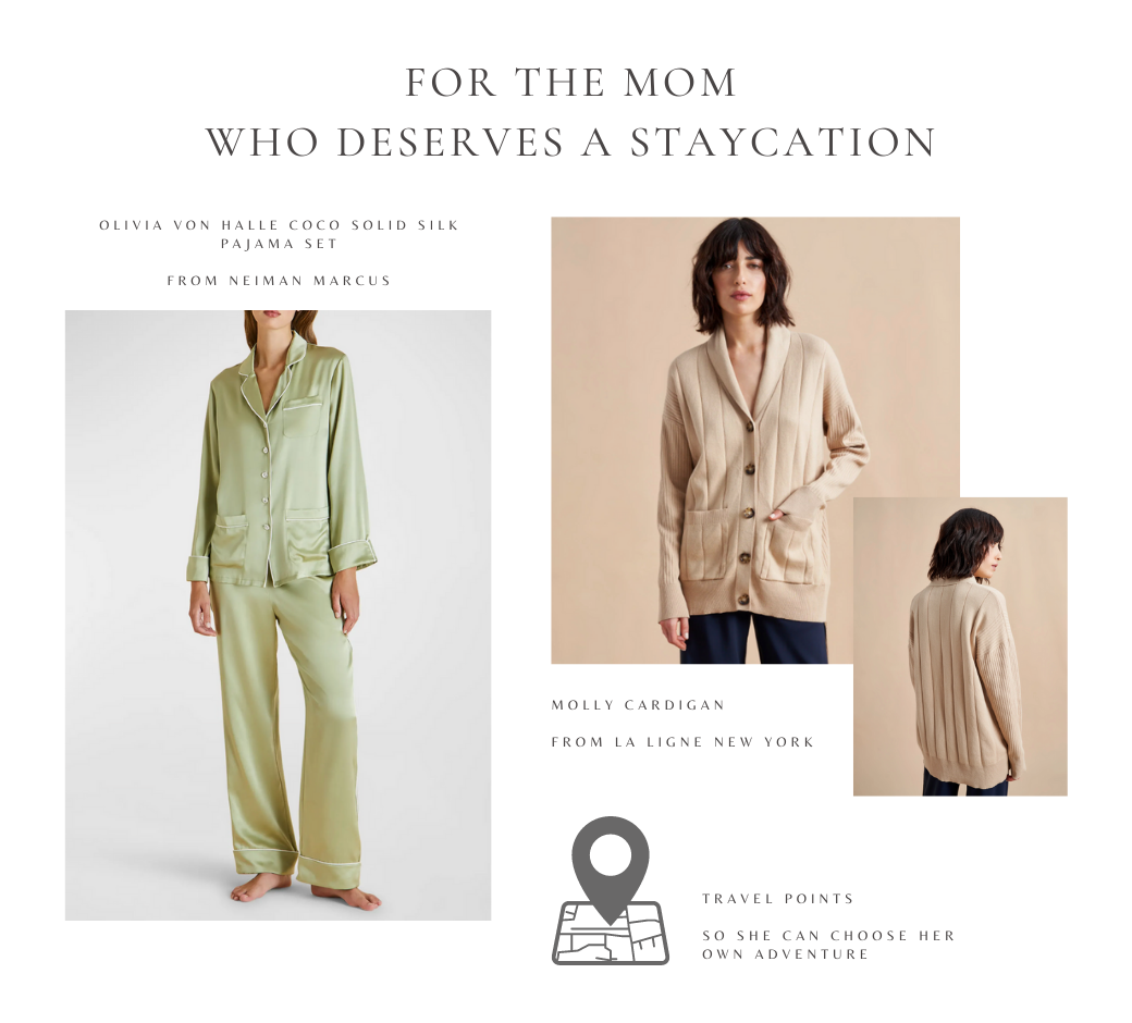 a pale green silk pajama set and a cashmere and cotton cardigan