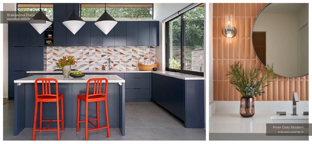 On the left is a boldly colored ADU kitchen with orange stools and on the right is a pale orange tiled bathroom.