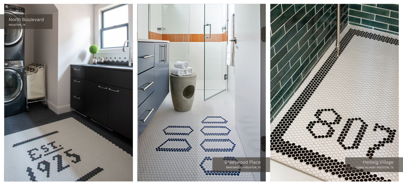 personalized floor tile in two bathrooms and one laundry room