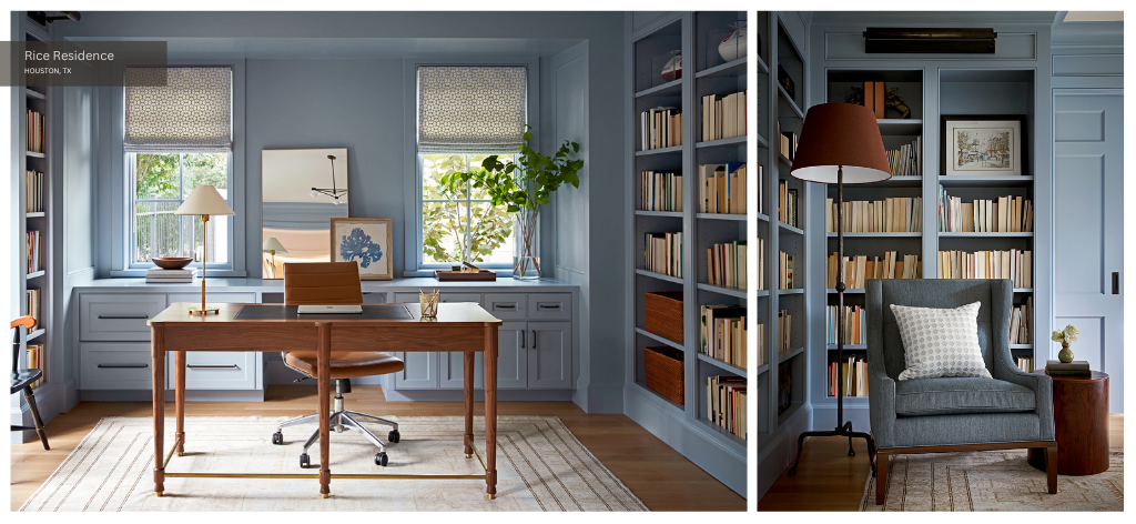 Our blue and brown Rice Residence study with a desk front and center between two bookcases and two windows.