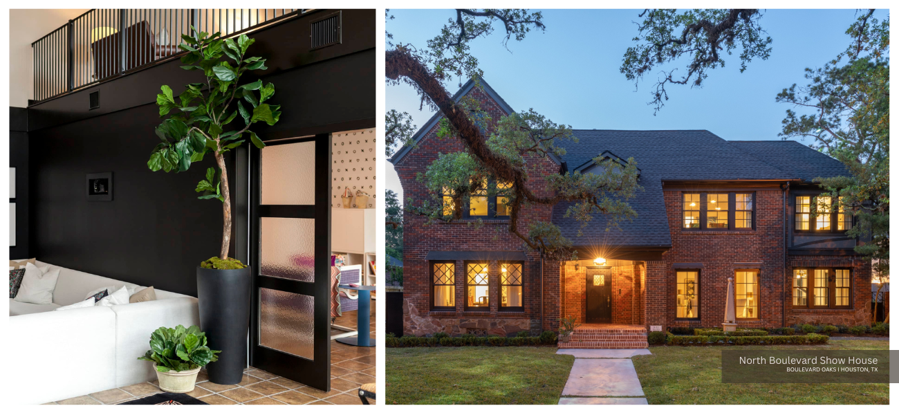 the exterior and interior of historic home remodeling project North Boulevard in Houston. There is a sunken living room on the left.